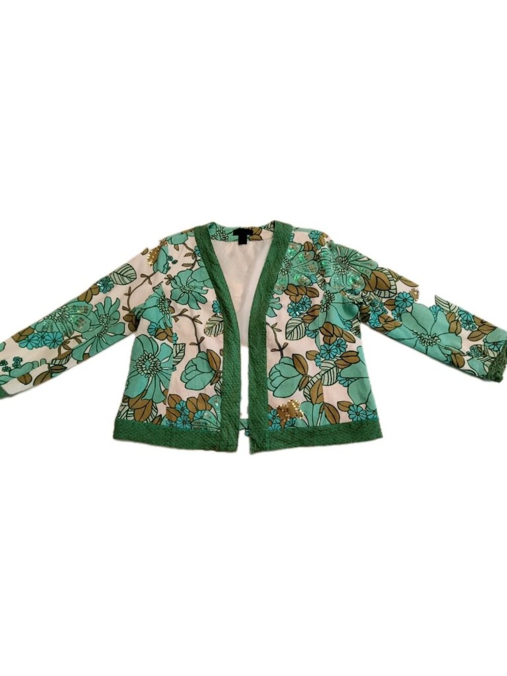 Silk Land Women Sz 1X Green Floral Open Front  Blazer Lino Sequins Beads Formal